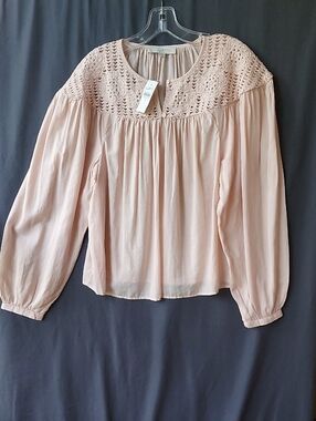 LOFT Blush Crochet Yoke Long-Sleeve Peasant Top